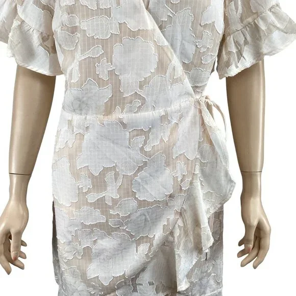 Gilli Women's Wrap Dress Medium Floral Ruffle Short Sleeve‎ White/Beige - Picture 7 of 8